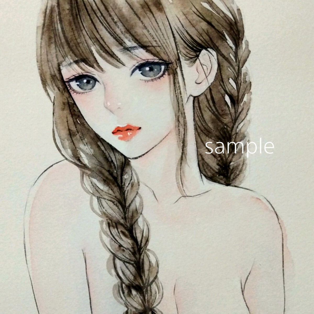 肉筆原画 水彩画 美人画 手描きイラスト みつあみ オリジナル 肉筆原画 水彩画 美人画 手描きイラスト みつあみ オリジナル