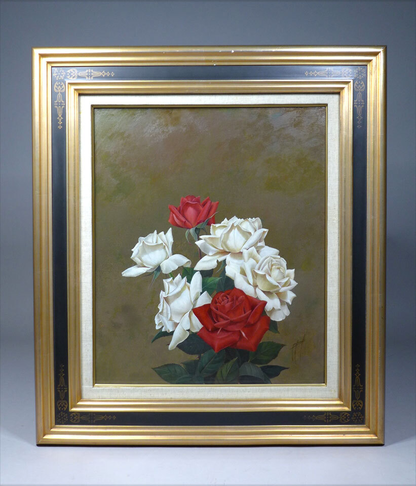 油彩 洋画 小牧真緒 紅と白と F8号 豪華額装 薔薇図 2003年(静物 油彩 洋画 小牧真緒 紅と白と F8号 豪華額装 薔薇図 2003年(静物