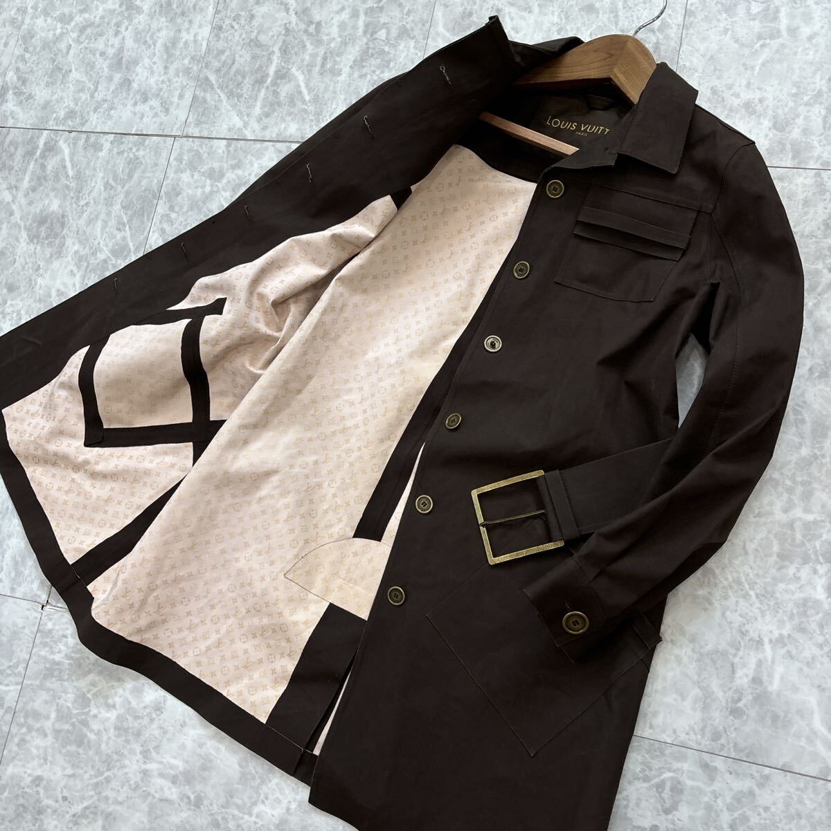 1円~ ＊ 英国製 '至高の逸品' LOUIS VUITTON ルイヴィトン 裏地 モノグラム 比翼 ベルト付き ステンカラーコート 36 レディース 高級婦人服