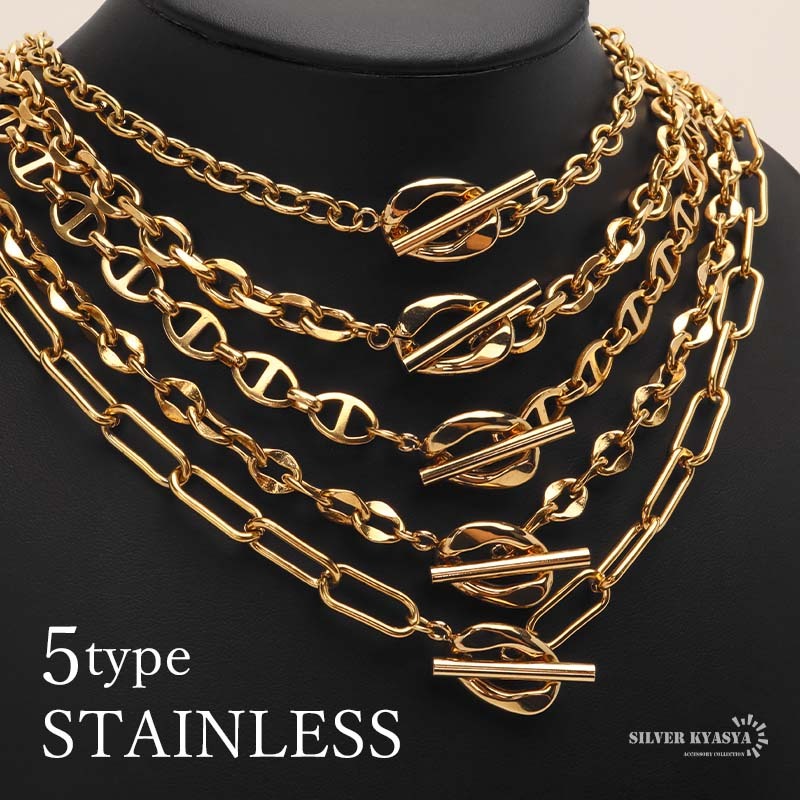 ステンレス 選べる5type マンテルネックレス チェーンネックレス 18kgp 金アレ対応 (Aタイプ、60cm)