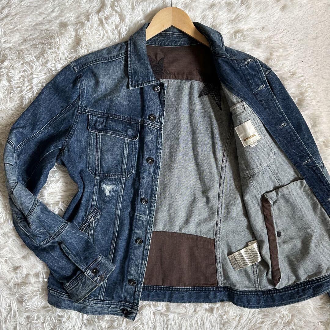 美品 希少XL DIESEL ディーゼル メンズ デニムジャケット クラッシュ加工 ウォッシュ加工 Gジャン スター刺繍 星 ブルゾン インディゴ LL