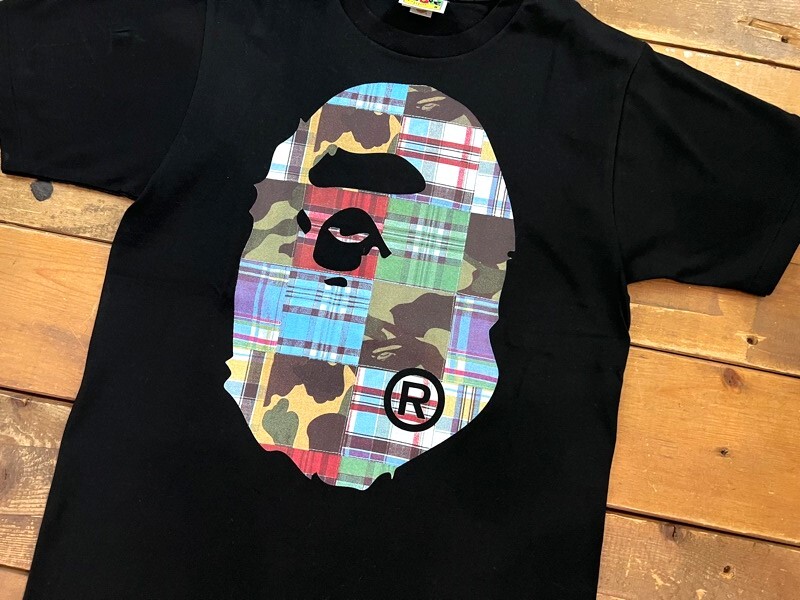 * хорошая вещь A BATHING APE/ A Bathing Ape BAPE проверка лоскутное шитье принт футболка короткий рукав мужской S размер tops черный Street *