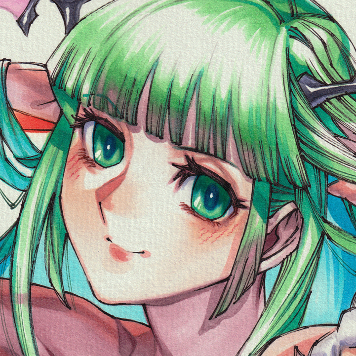 【色紙M】手描同人：モリガン(１緑)★ヴァンパイアセイヴァー　格ゲー　CAPCOM　アーケード　コピック　ティファ・ロックハート