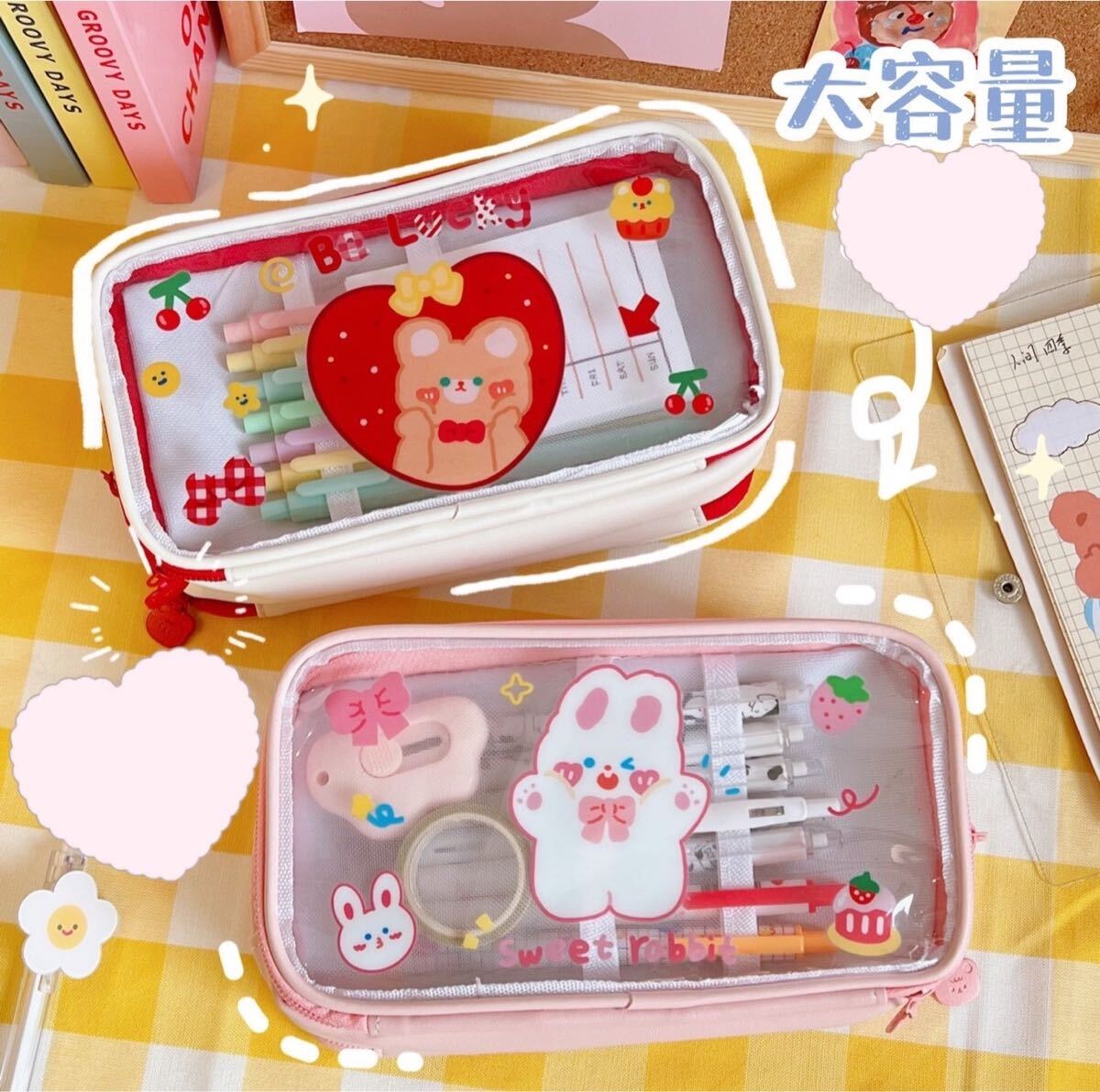 【新品 赤】ポーチ ペンケース メイクポーチ 韓國 キッズ 女の子 キャラクター ポシェット 子供 くま 化粧ポーチ 筆箱 文房具 小物入れ