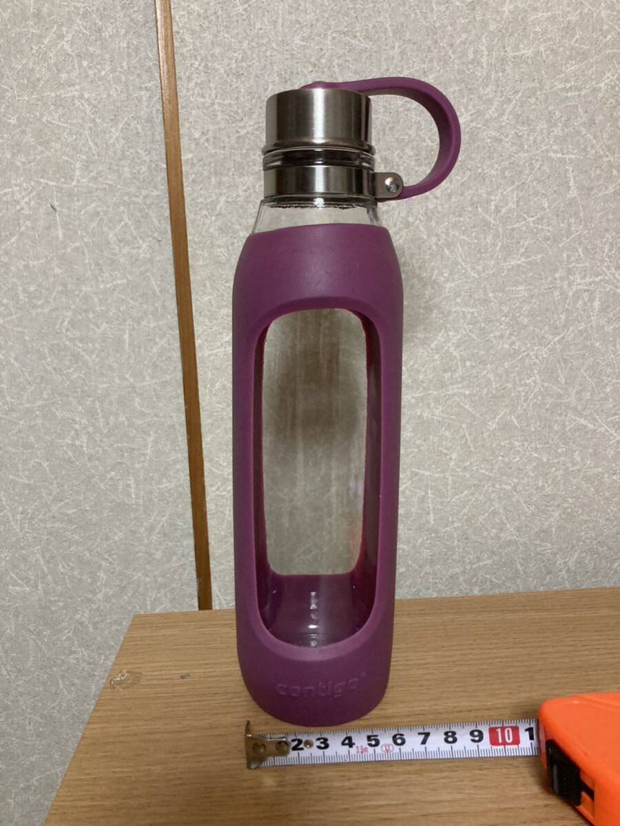 YK-6055 中古品 Contigo コンティゴピュリティー水筒 ボトル ガラス製ウォーターボトル パープルゴムスリーブ付き 容量20oz 約26cm×約5cm_画像1