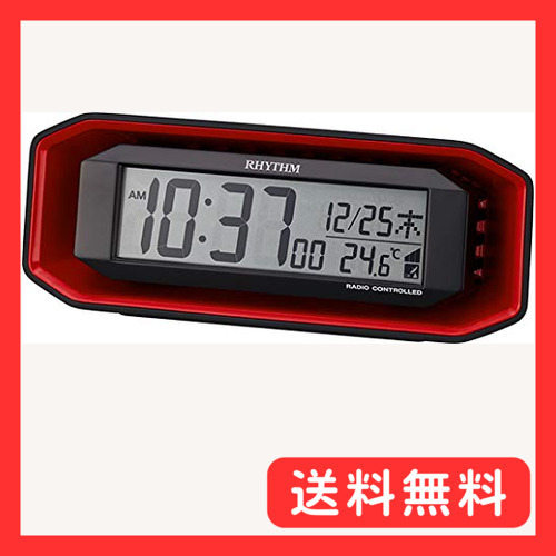 リズム(RHYTHM) 電波時計 目覚まし時計 大音量 電子音 アラーム デジタル レッド 7.2x18.3x6.4cm