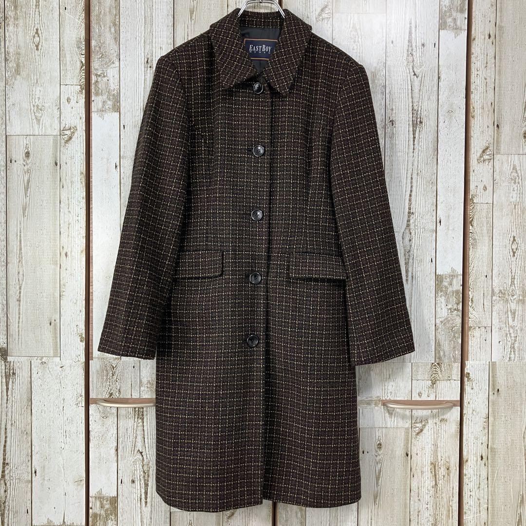 ☆EASTBOY イーストボーイ☆ロングコート ウール アルパカ9% M チェック ブラウン レディース 茶色 秋 冬 [送料無料☆匿名配送] ◯1930