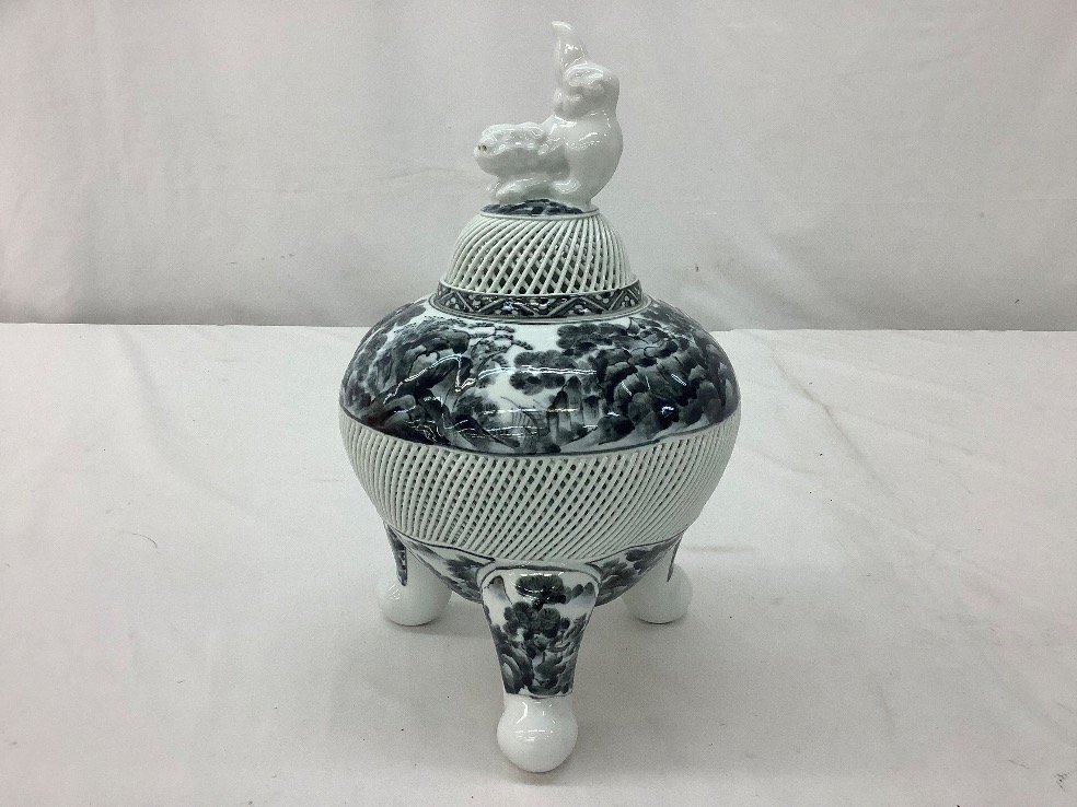 新素材新作 Yahoo!オークション 染付網目焼香炉/獅子蓋/楼閣 琴峰麗山窯造 - 工芸品