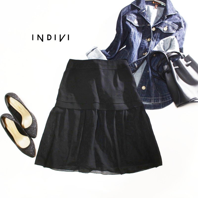 美品 インディヴィ INDIVI 株) ワールド 春 夏 膝下丈 切替 フレア 上品 フレアスカート シフォンスカート 9号 38 ブラック 黒