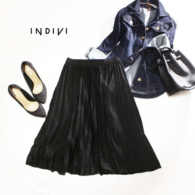 美品 インディヴィ INDIVI 株) ワールド 春 夏 艶 透け プリーツスカート Aライン シフォンスカート フレアスカート 9號(hào) 38 ブラック 黒
