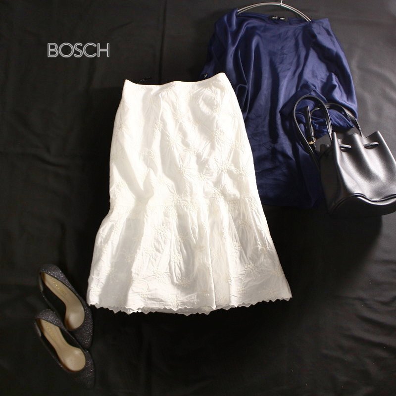 BOSCH ボッシュ 春 夏 上品 艶 刺繍 フラワー コットン Aライン フレアスカート 9号 38 ホワイト 白