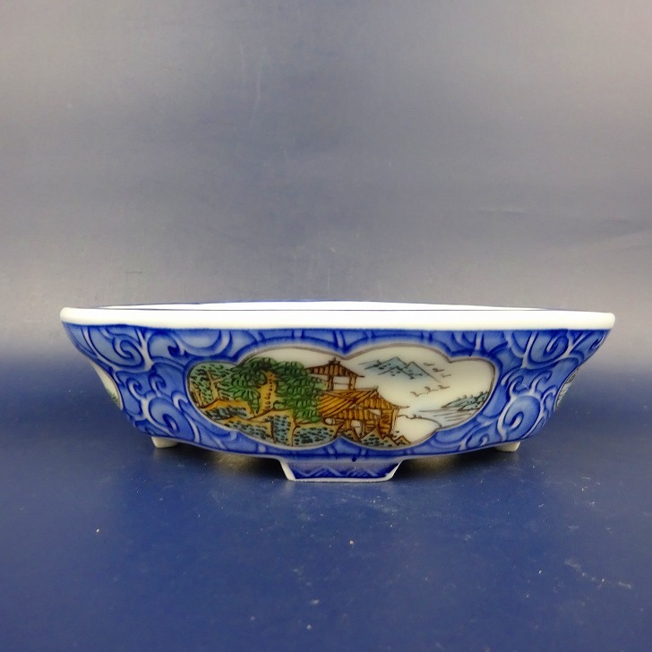 盆栽鉢 は二わ オリジナル鉢 小型 長辺 約15.3cm 木瓜鉢 色絵 窓抜 山水図 風景画 現品 新品 鉢