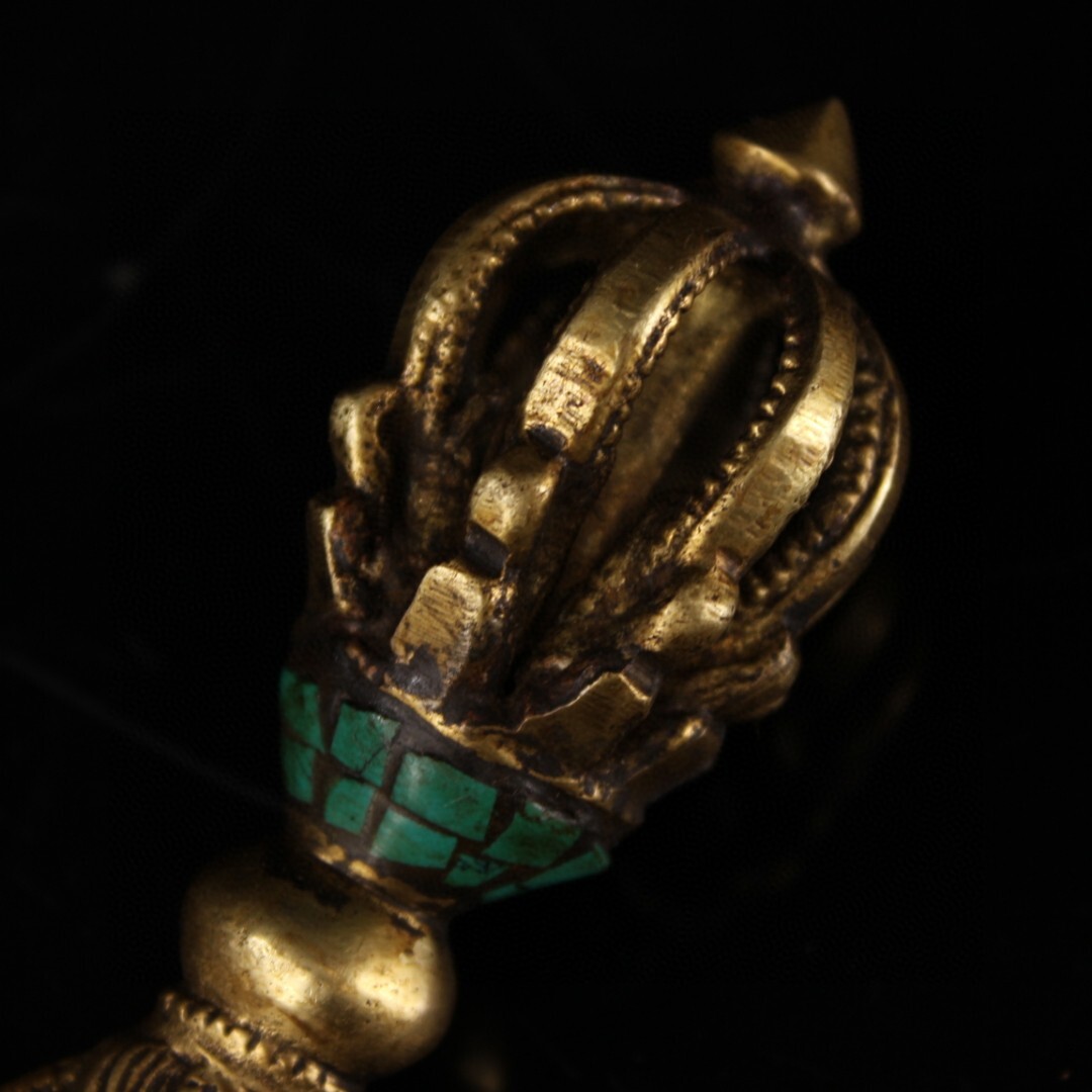 蔵友旧蔵出 銅製 寶石嵌 彩繪 描金 多節金剛斧 密宗密教 供養品 蔵友旧蔵出 銅製 寶石嵌 彩繪 描金 多節金剛斧 密宗密教 供養品