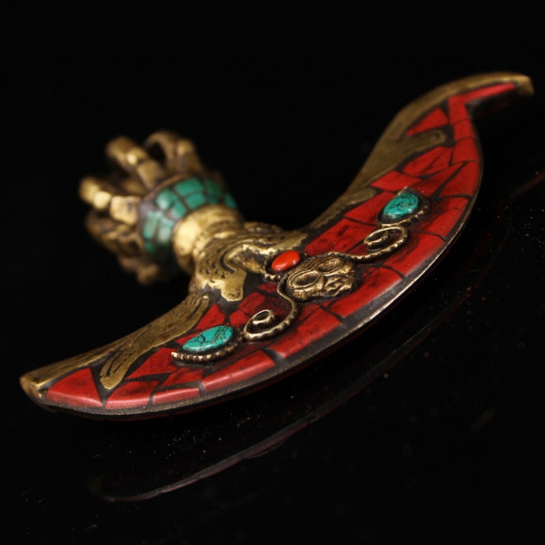 蔵友旧蔵出 銅製 寶石嵌 彩繪 描金 多節金剛斧 密宗密教 供養品 蔵友旧蔵出 銅製 寶石嵌 彩繪 描金 多節金剛斧 密宗密教 供養品