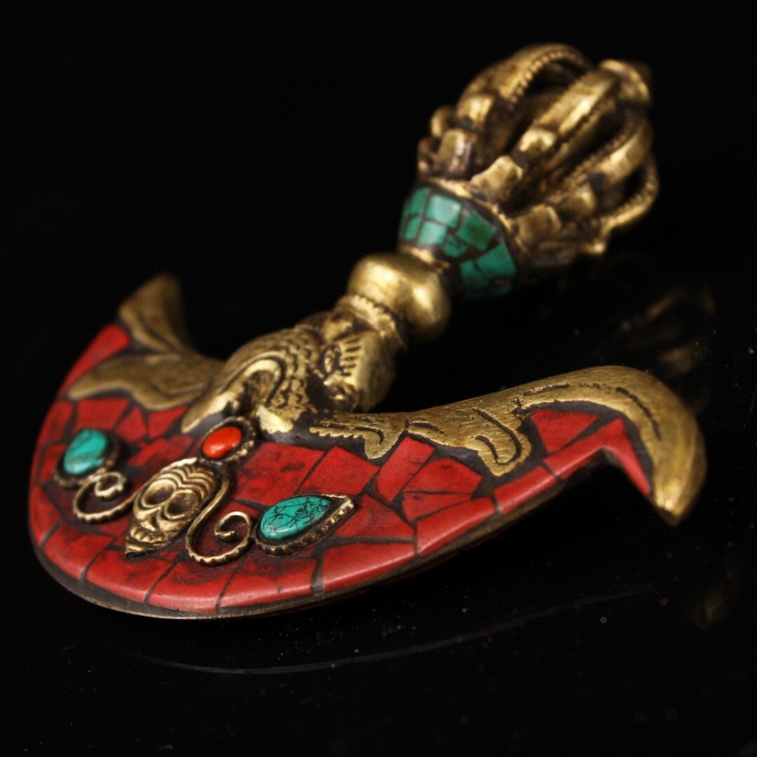 蔵友旧蔵出 銅製 寶石嵌 彩繪 描金 多節金剛斧 密宗密教 供養品 蔵友旧蔵出 銅製 寶石嵌 彩繪 描金 多節金剛斧 密宗密教 供養品