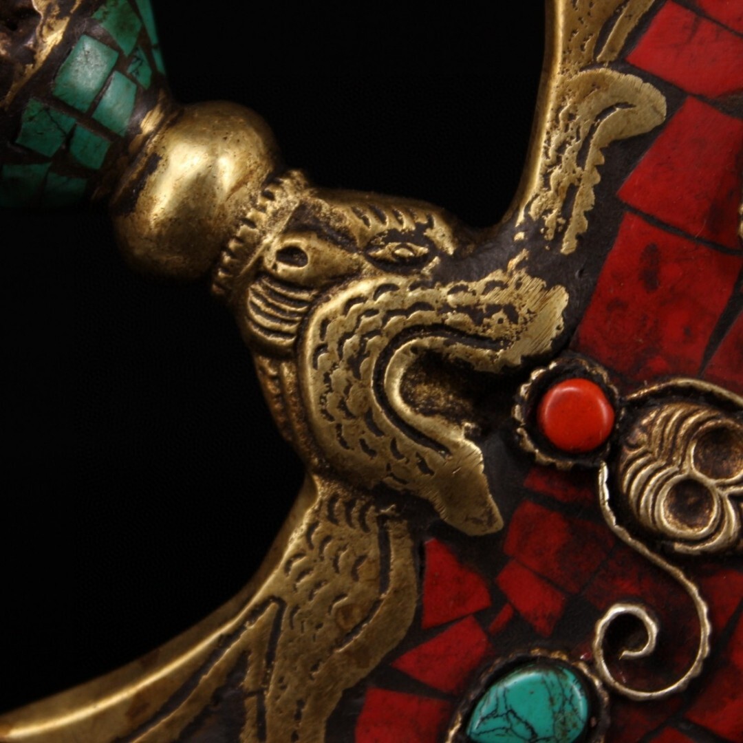 蔵友旧蔵出 銅製 寶石嵌 彩繪 描金 多節金剛斧 密宗密教 供養品 蔵友旧蔵出 銅製 寶石嵌 彩繪 描金 多節金剛斧 密宗密教 供養品