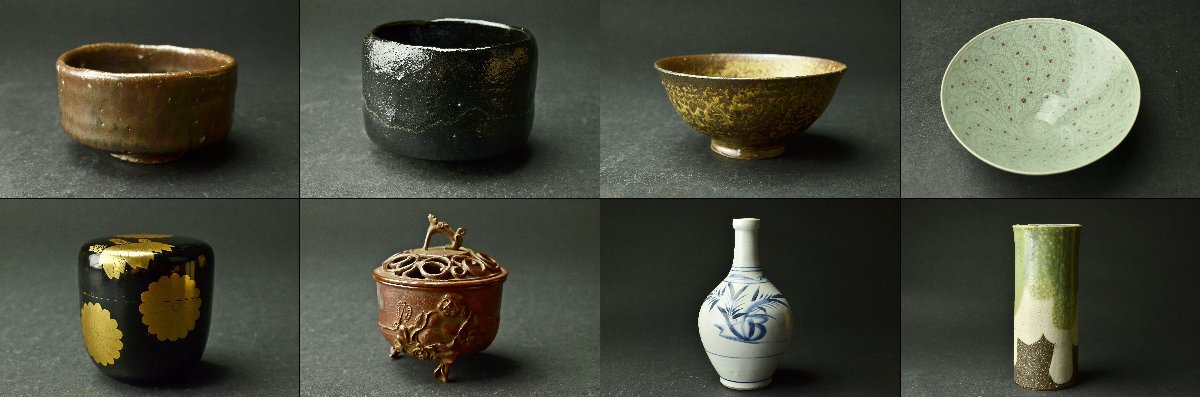 【YB】在銘 黒楽茶碗・鉄絵茶碗・高麗茶碗・高麗茶碗・蒔絵菊紋茶入・伊万里染付徳利など八点・共箱付属 ★mj66
