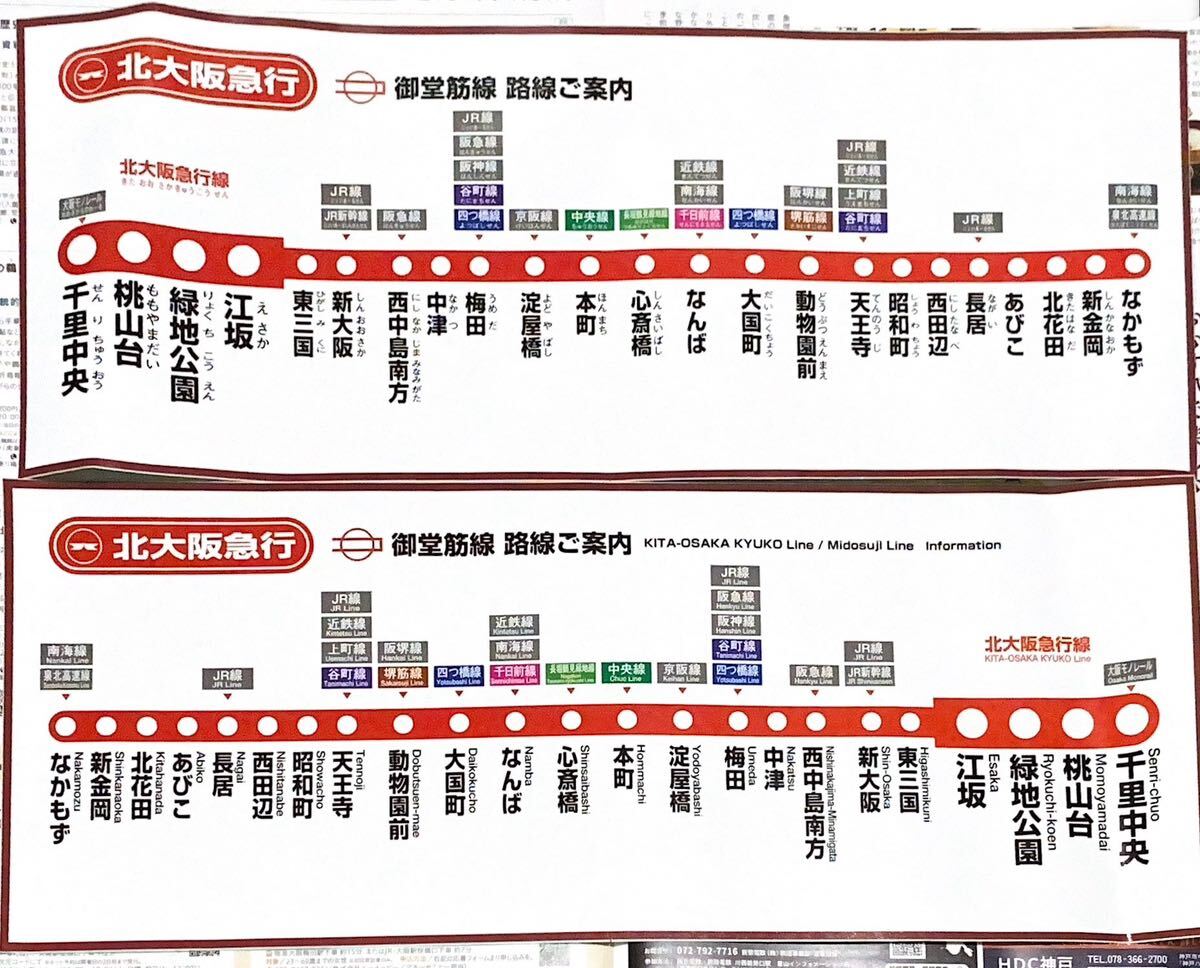 北大阪急行８０００形　御堂筋線路線ご案内　車内ステッカー（駅ナンバリングなし）２枚セット　大阪メトロ・大阪市交通局・大阪市営地下鉄