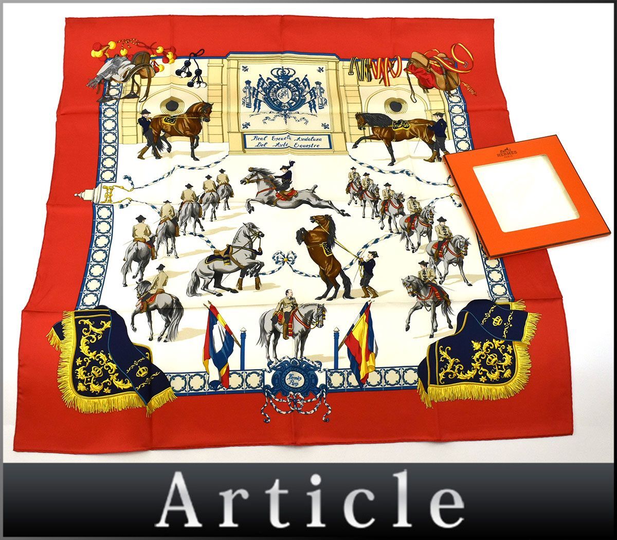 187074〇美品 HERMES エルメス Real Escuela Andaluza del Arte 王立アンダルシア馬術学校 カレ90 スカーフ レッド 赤 箱付/ G