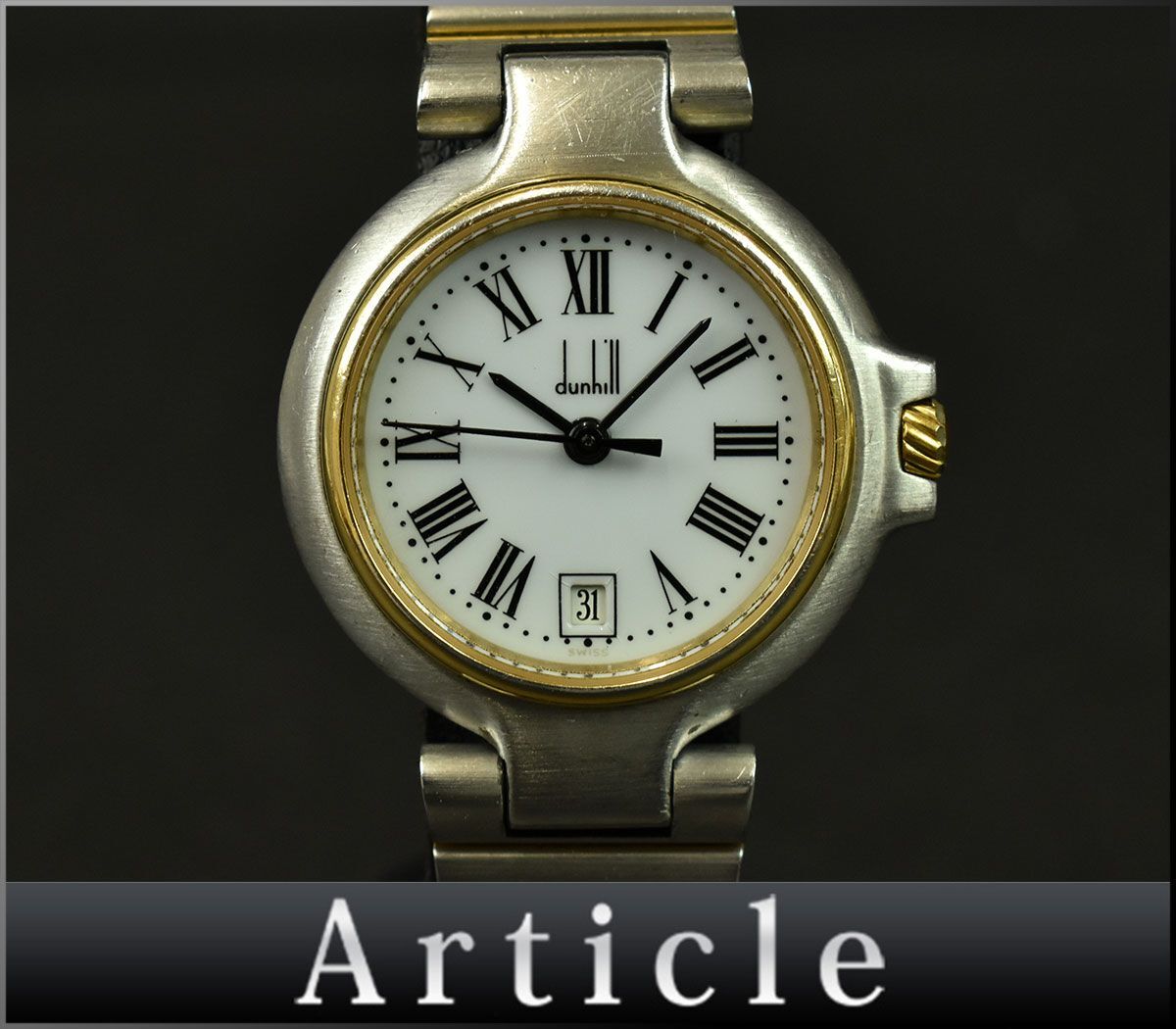 185954☆動作確認済 dunhill ダンヒル ミレニアム 腕時計 クォーツ ローマン 3針 GP デイト SS ホワイト ゴールド レディース/ D