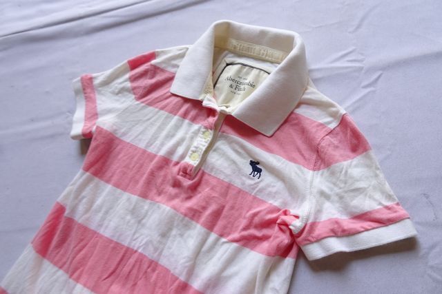 Abercrombie&Fitch/アバクロンビー&フィッチ/半袖ポロシャツ/TシャツS材/極太ボーダー柄/オフホワイト/ピンク/Sサイズ(8/9R6)