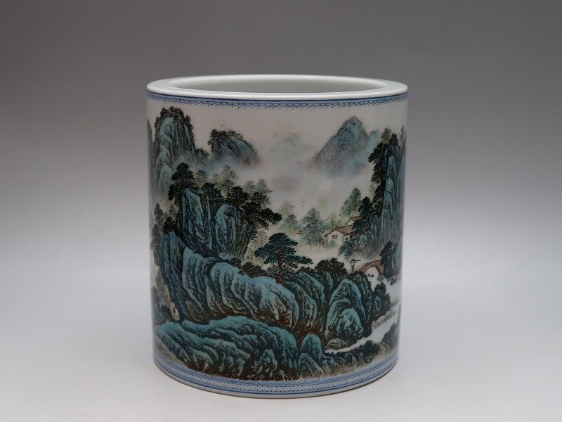 081413粉彩筆筒　山水風景舟行図絵　中国景徳鎮美術焼物　24080708