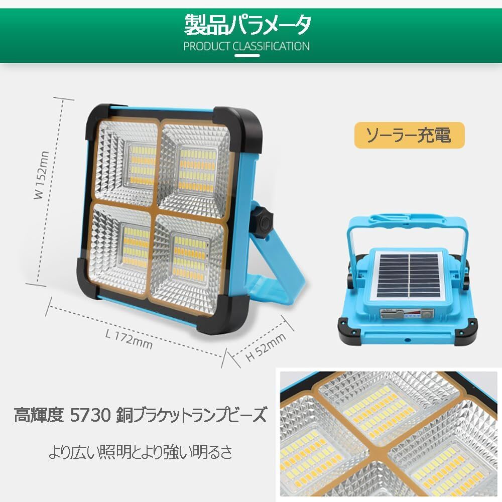 超高輝 投光器 作業(yè)燈 LEDライト 防水 便攜式 4色切替 ソーラー充電アウトドア キャンプ 停電対応 夜釣り登山 防災(zāi) 緊急 夜間工事 地震対策