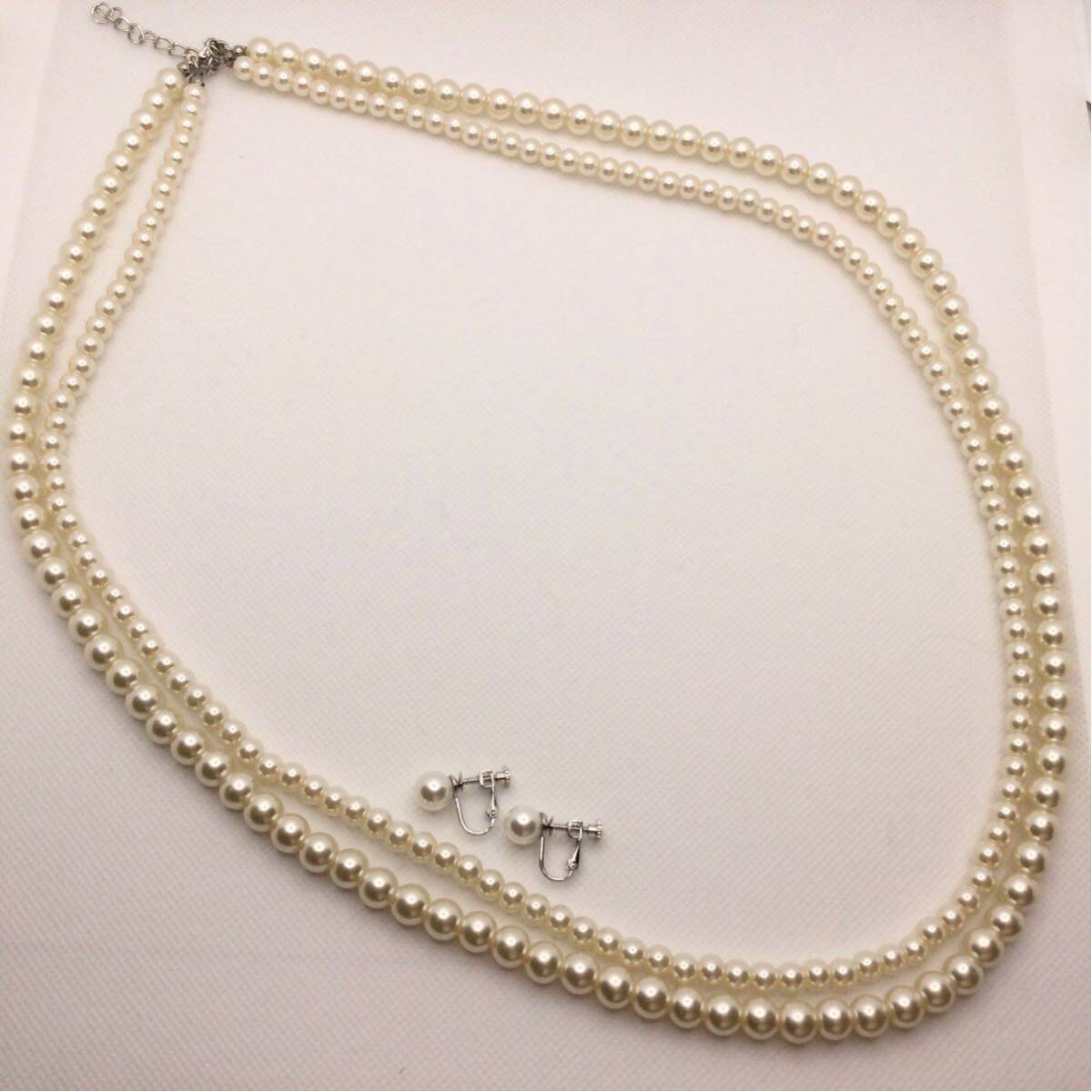 パール 2連ロングネックレスセット ／約6.2mm＆8.2mm玉イヤリングセット／ピアスに変更も可能です【SALE価格】