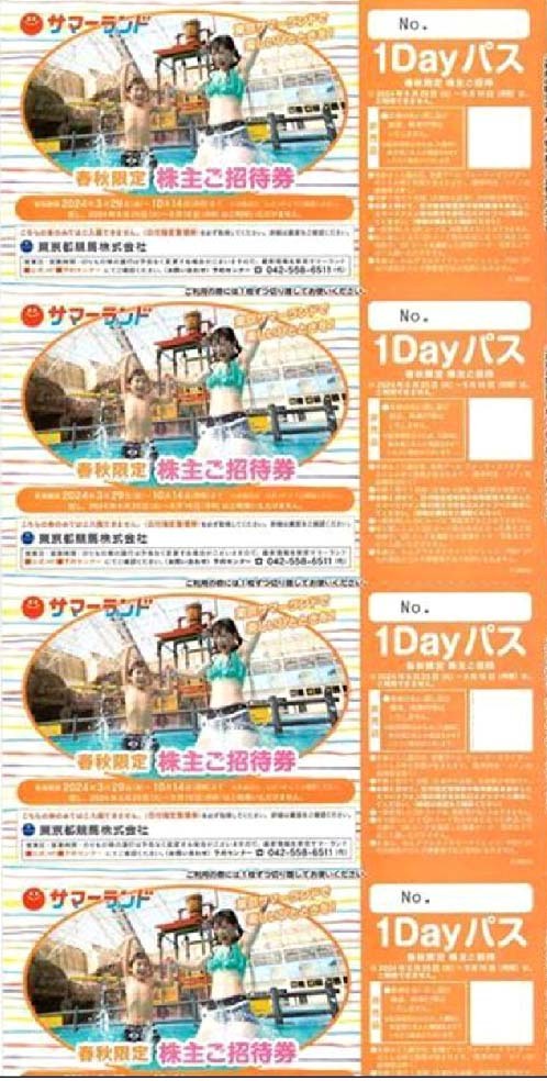 東京サマーランド 春秋限定 株主ご招待券 １Dayパス 4枚セット★東京都競馬 株主優待券プール 入場 フリーパス