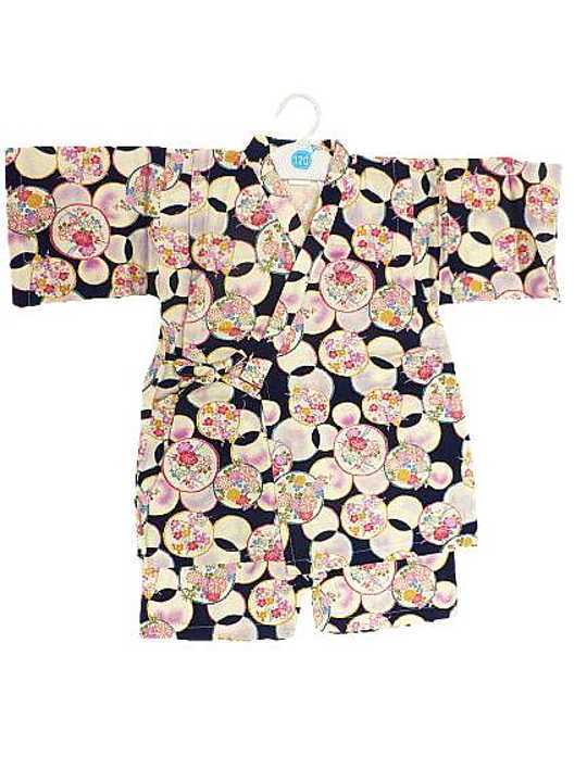 日本制 7～8歳用 女物 子供甚平 甚平 120サイズ 黒地 花輪 柄 No.2323