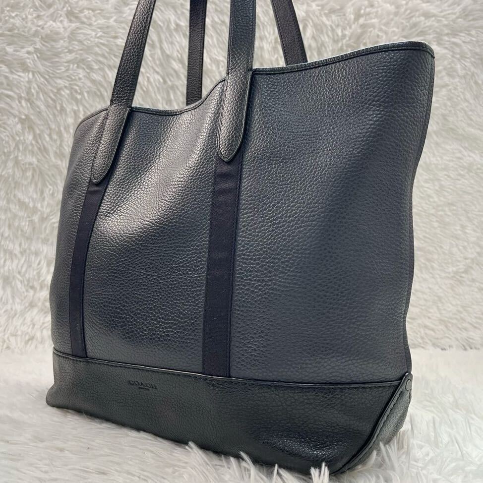 1円〜◎COACH トートバッグ オールレザー シボ革 コーチ 肩掛け 大容量 A4収納可 メンズ ビジネス 黒 グレー