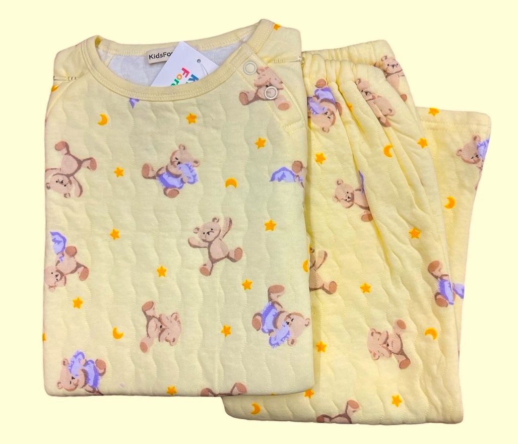 即決★新品タグ付キッズフォーレ Kids Foret ★くまさん柄 あったかキルト生地★長袖パジャマ 長パンツ/ye★120cm 7-8才目安★￥2640