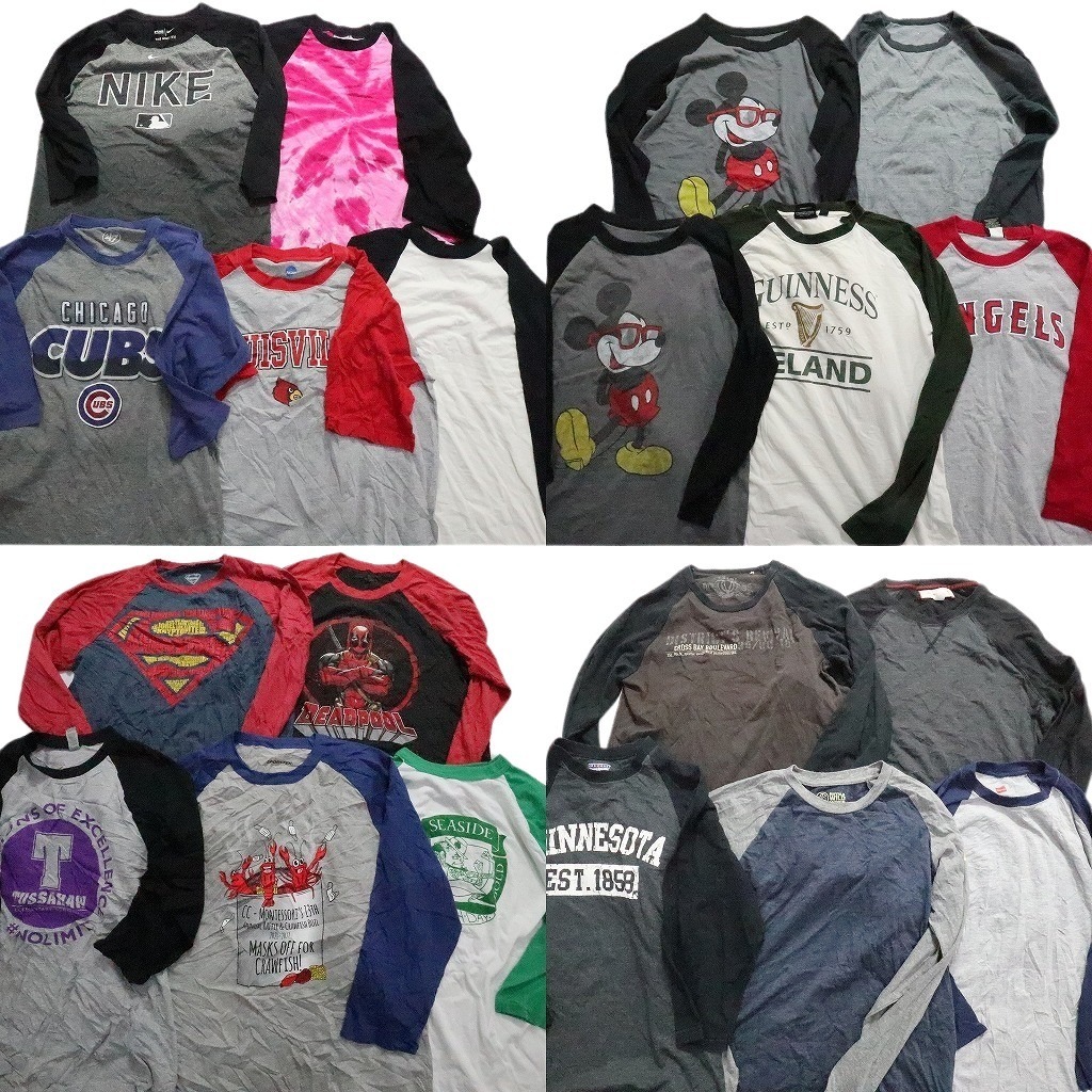 古着卸 まとめ売り ラグランスリーブ 長袖Tシャツ 20枚セット (メンズ M ) マーベル スーパーマン ディズニー ナイキ プロチーム MU7638