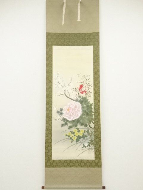 ys7034399; 宗sou 草風筆　四季花　肉筆絹本掛軸（保護箱）
