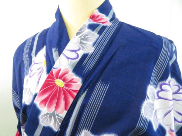 ys7042214; 宗sou 浴衣　仕立て上がり　絣縞に菊模様【リサイクル】【着】