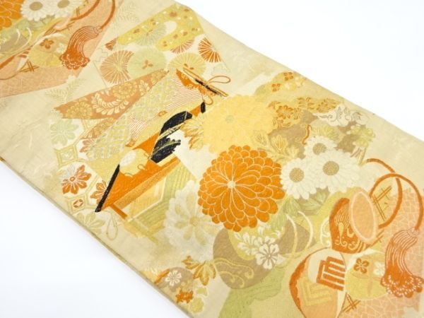 ys7078572; 宗sou 重ね色紙に菊・貝合わせ模様織り出し丸帯（材料）【アンティーク】【着】