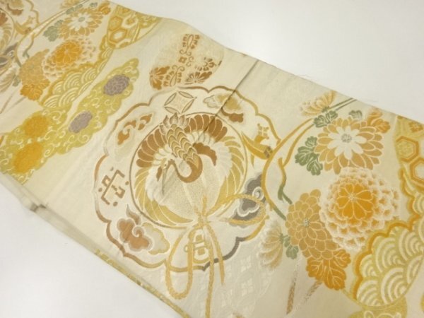 ys7096079; 宗sou 鏡裏に鶴・菊模様織出し丸帯（材料）【アンティーク】【着】