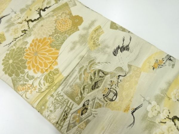 ys7106091; 宗sou 菊に枝梅・鶴模様織出し丸帯（材料）【アンティーク】【着】