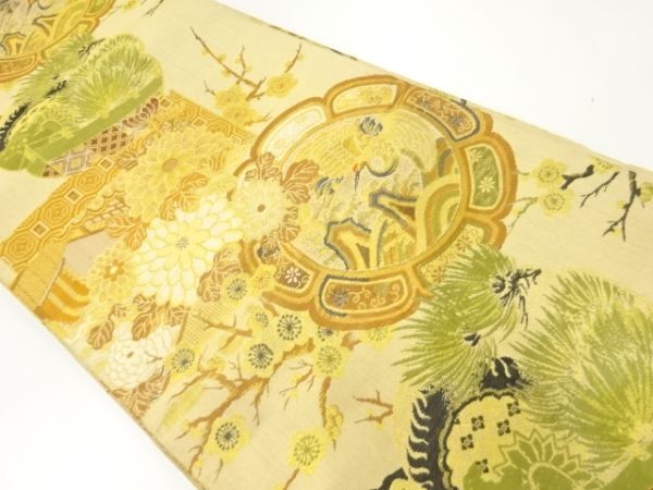 ys7111533; 宗sou 松梅に菊鶴模様織り出し丸帯（材料）【アンティーク】【着】