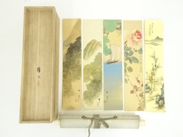 ys6990959; 宗sou 平井楳仙・赤松雲嶺・三井飯山・山下竹斎筆　肉筆短冊5枚・短冊掛け（箱付）