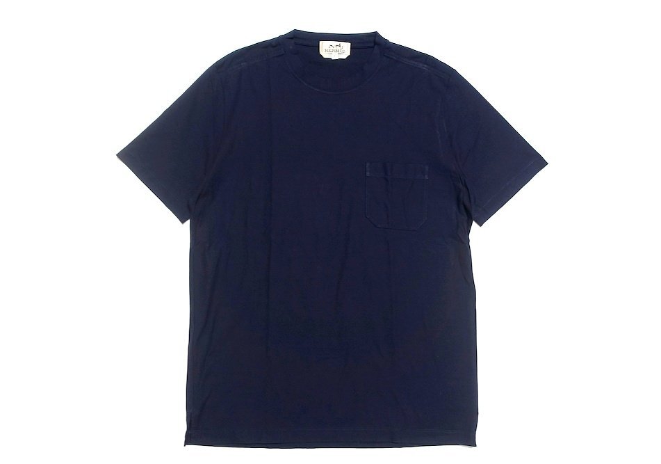 19SS 美品 HERMES エルメス ショルダー Hステッチ ポケット Tシャツ ダークネイビー コットン メンズ M カットソー