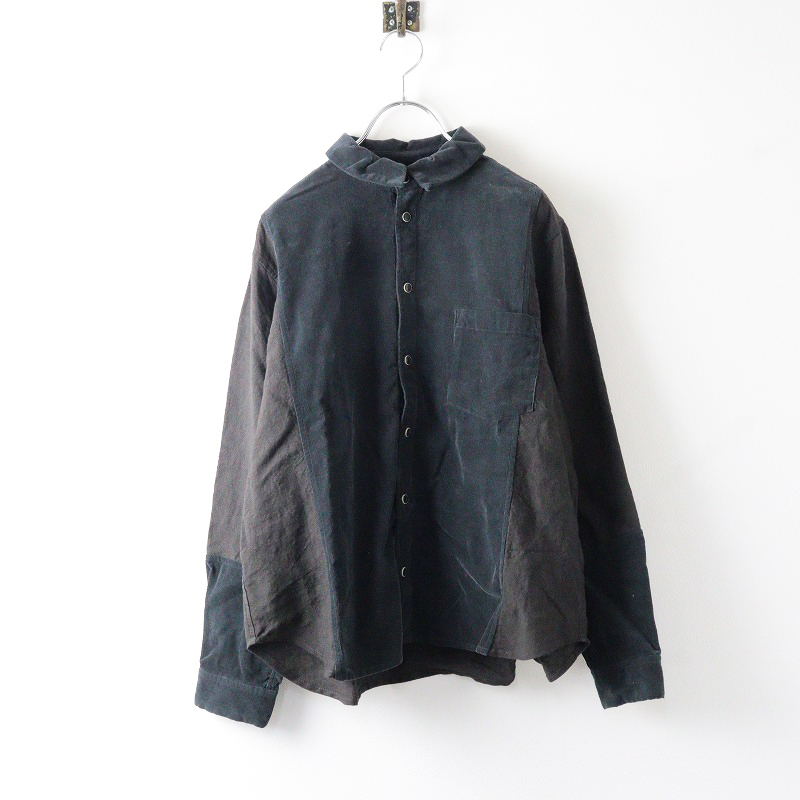 美品 ヴラスブラム Vlas Blomme コーデュロイ切替リネンシャツ 1/ブラック ブラウス トップス 長袖【2400014009187】
