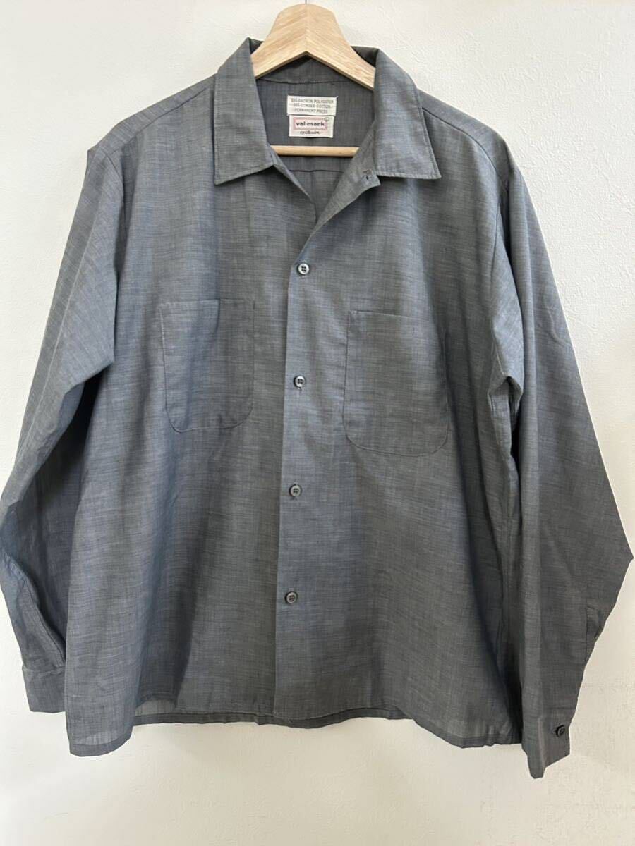 60s ヴィンテージ グレー L 長袖シャツ Val Mark コットン ポリエステル 開襟シャツ ボックス 50s 70s 無地シャツ 60年代 オープンカラー 