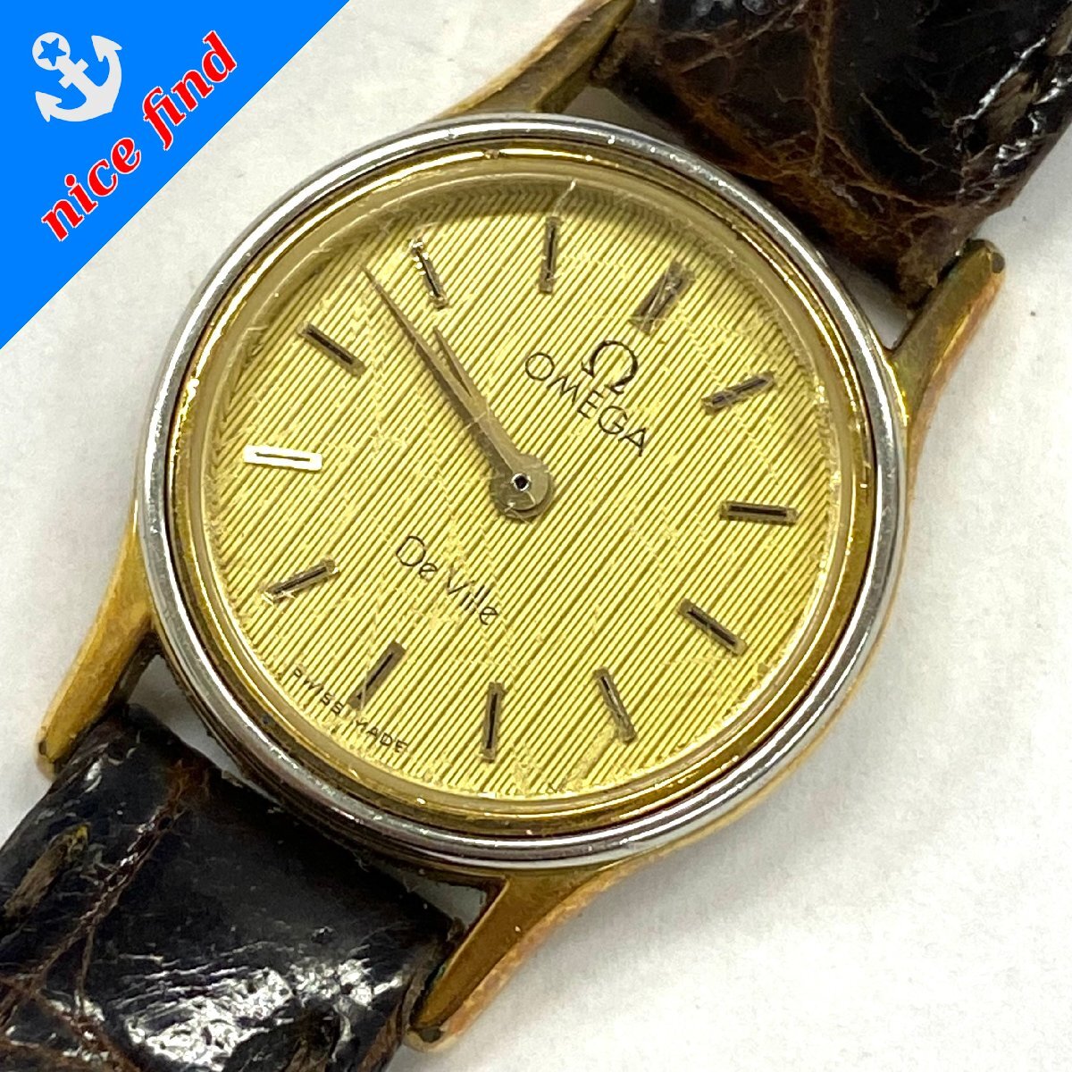 ◆オメガ OMEGA◆デビル De Ville 1387 クォーツ 腕時計 レディース ウォッチ ゴールド文字盤 レザーブレス プッシュリューズ 不動品