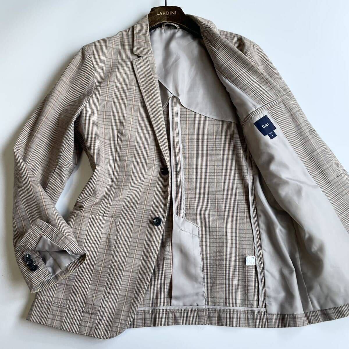 【美品/現行品】GAP ギャップ 春夏 コットン素材 ライトキャメル チェック柄 アンコン仕立て テーラードジャケット(M)本切羽 背抜き メンズ