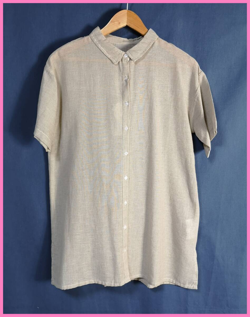 BLS‐４８４‐３単☆夏☆新品☆送料込み☆即決☆ナチュラル系☆綿麻混☆チュニック☆Ｍ～Ｌサイズ☆ベージュ系☆ストライプ☆ゆったり
