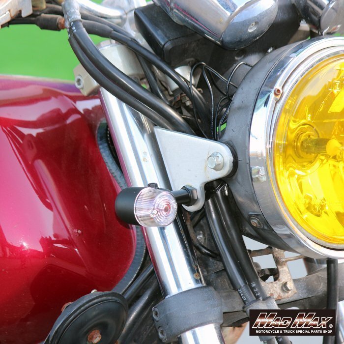 汎用 丸形ミニヨーロピアンウィンカー ブラック/クリア M10x73mmアルミ取付ステー 4個SET/HONDA KAWASAKI SUZUKI YAMAHA【送料800円】