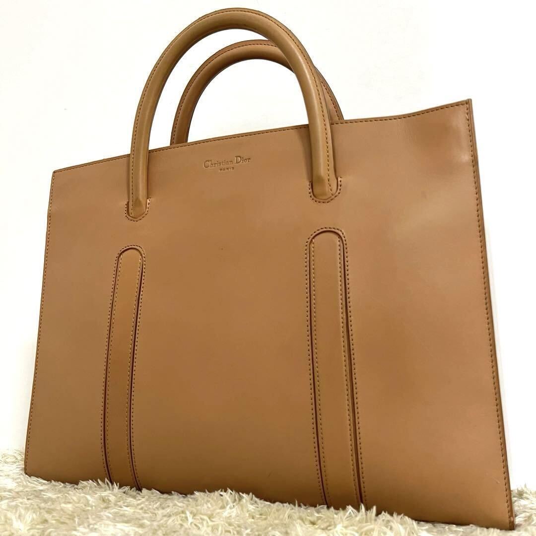 【美品 鑑定済】1円 A4収容可 クリスチャンディオール ビジネスバッグ ブリーフケース トートバッグ レザー キャメル 正規品