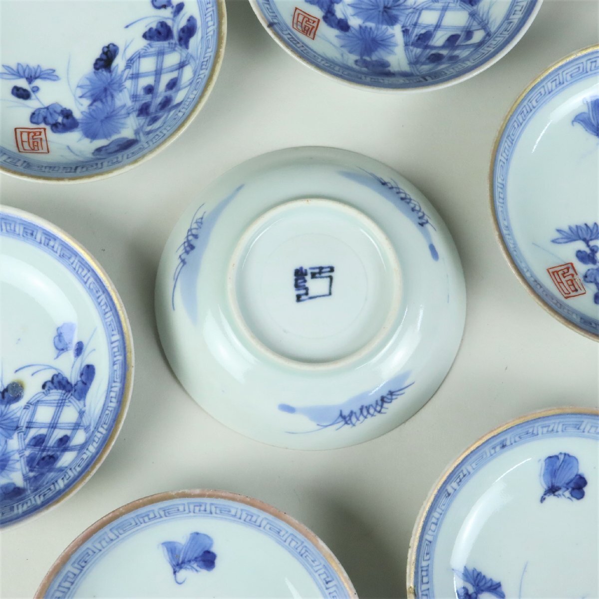 [ old ...] curtain end ~ Meiji period Imari . old Imari blue and white ceramics . flower butterfly writing legume plate 3 size 8 customer charge .. stone hotel . pavilion Japan cooking izakaya pub 6468qfzMM