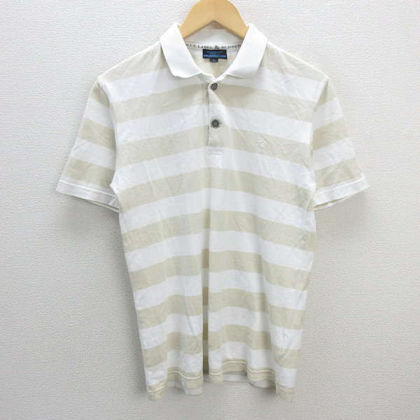 H■バーバリーブルーレーベル/BURBERRY BLUE LABEL ボーダー柄 半袖ポロシャツ【L】ベージュ白/MENS■3【中古】